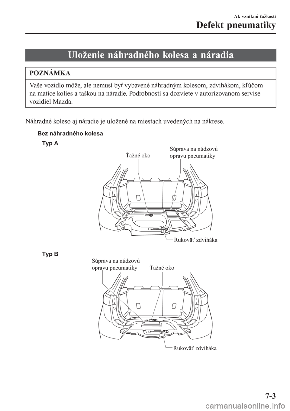 MAZDA MODEL CX-3 2015 Užívateľská príručka (in Slovak) Uloženie náhradného kolesa a náradia
POZNÁMKA
Vaše vozidlo môže, ale nemusí byť vybavené náhradným kolesom, zdvihákom, kľúčom
na matice kolies a taškou na náradie. Podrobnosti sa do MAZDA MODEL CX-3 2015 Užívateľská príručka (in Slovak) Uloženie náhradného kolesa a náradia
POZNÁMKA
Vaše vozidlo môže, ale nemusí byť vybavené náhradným kolesom, zdvihákom, kľúčom
na matice kolies a taškou na náradie. Podrobnosti sa do