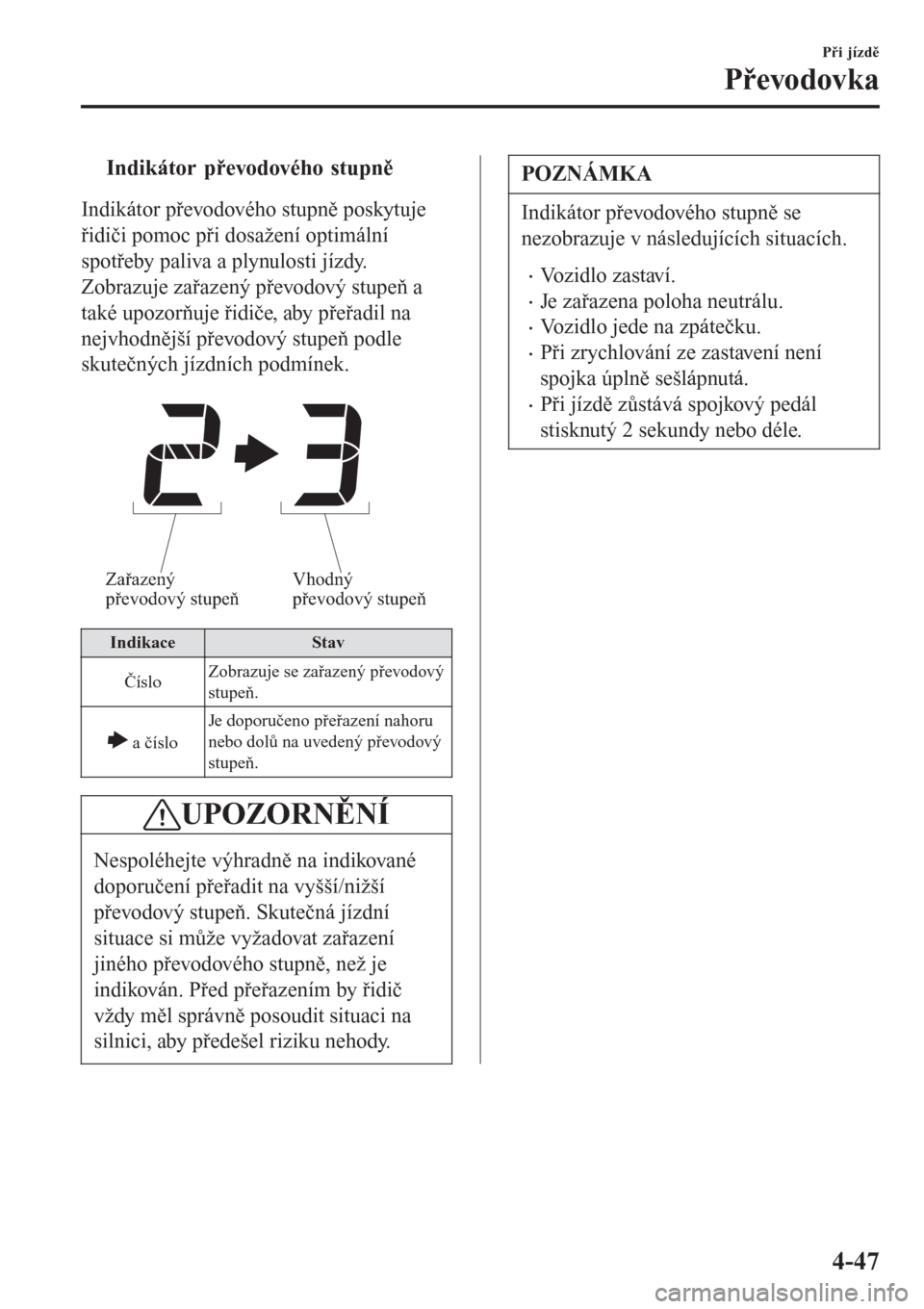 MAZDA MODEL CX-3 2015  Návod k obsluze (in Czech) tIndikátor převodového stupně
Indikátor převodového stupně poskytuje
řidiči pomoc při dosažení optimální
spotřeby paliva a plynulosti jízdy.
Zobrazuje zařazený převodový stupeň a