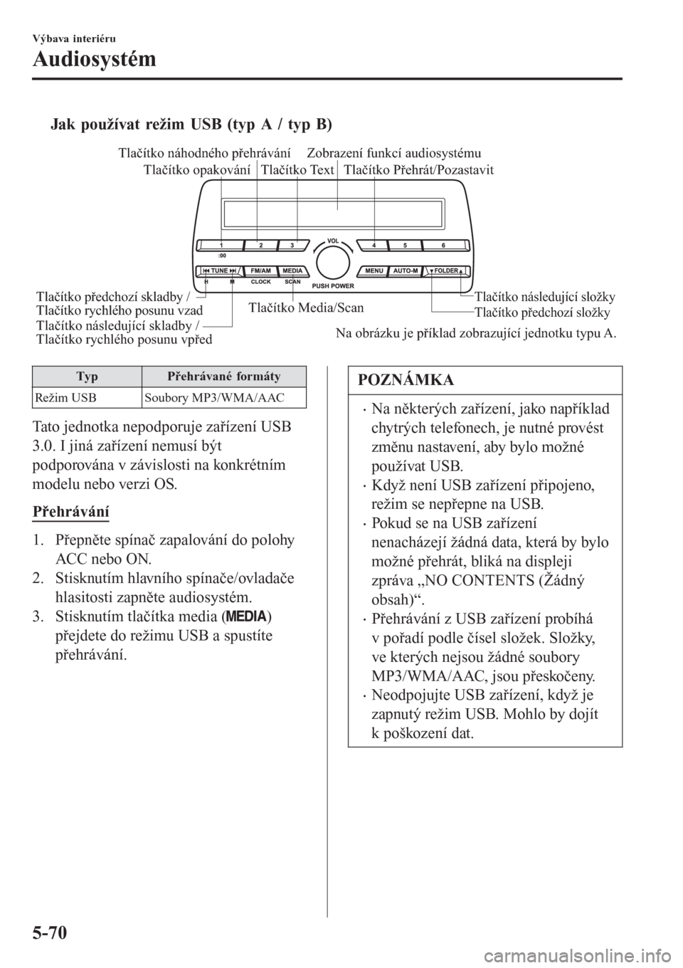 MAZDA MODEL CX-3 2015  Návod k obsluze (in Czech) tJak používat režim USB (typ A / typ B)
Tlačítko Media/ScanTlačítko předchozí složky Tlačítko následující složky
Tlačítko Přehrát/Pozastavit Tlačítko náhodného přehrávání
T