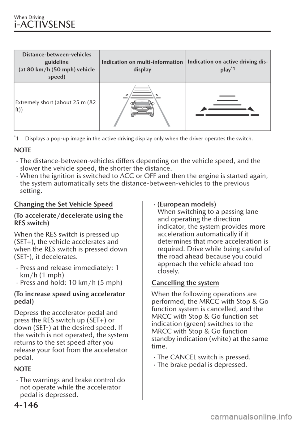MAZDA MODEL CX-30 2019   (in English) Service Manual Distance-between-vehicles
guideline
(at 80 km/h (50 mph) vehicle
speed)Indication on multi-information
displayIndication on active driving dis-
play
*1
Extremely short (about 25 m (82
ft))
*1 Displays