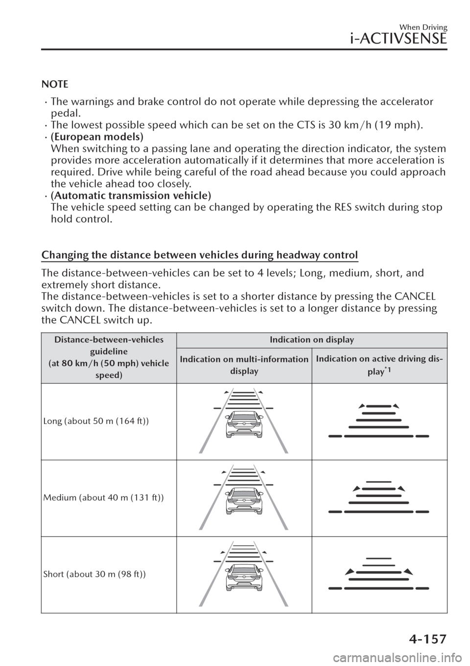 MAZDA MODEL CX-30 2019  Owners Manual (in English) NOTE
�xThe warnings and brake control do not operate while depressing the accelerator
pedal.
�xThe lowest possible speed which can be set on the CTS is 30 km/h (19 mph).�x(European models)
When switch