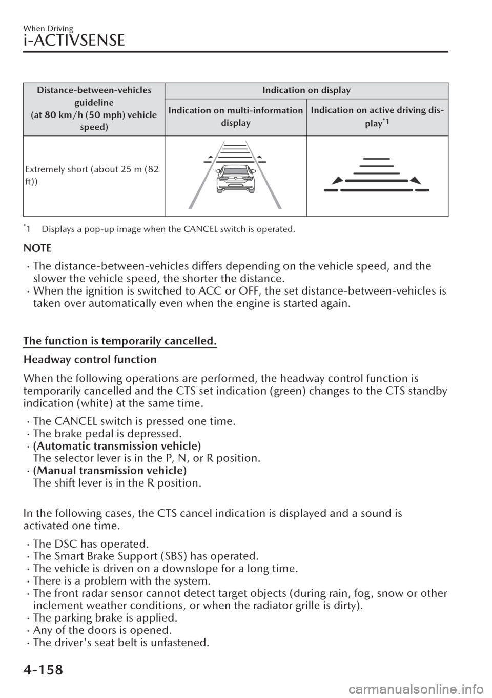 MAZDA MODEL CX-30 2019  Owners Manual (in English) Distance-between-vehicles
guideline
(at 80 km/h (50 mph) vehicle
speed)Indication on display
Indication on multi-information
displayIndication on active driving dis-
play
*1
Extremely short (about 25 