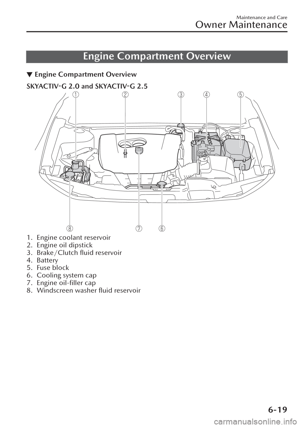 MAZDA MODEL CX-30 2019  Owners Manual (in English) Engine Compartment Overview
▼Engine Compartment Overview
SKYACTIV-G 2.0 and SKYACTIV-G 2.5
1. Engine coolant reservoir
2. Engine oil dipstick
3. Brake/Clutch ﬂuid reservoir
4. Battery
5. Fuse bloc