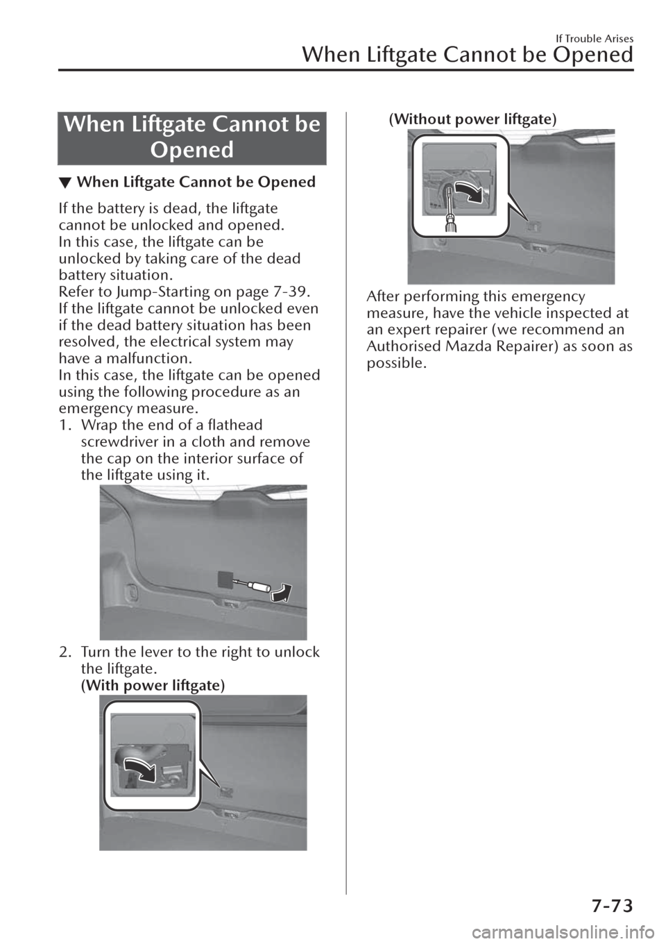 MAZDA MODEL CX-30 2019  Owners Manual (in English) When Liftgate Cannot be
Opened
▼When Liftgate Cannot be Opened
If the battery is dead, the liftgate
cannot be unlocked and opened.
In this case, the liftgate can be
unlocked by taking care of the de