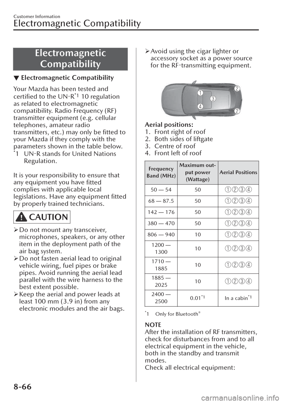 MAZDA MODEL CX-30 2019   (in English) User Guide Electromagnetic
Compatibility
▼Electromagnetic Compatibility
Your Mazda has been tested and
certiﬁed to the UN-R*1 10 regulation
as related to electromagnetic
compatibility. Radio Frequency (RF)
t
