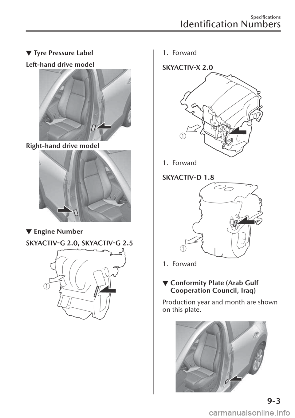 MAZDA MODEL CX-30 2019  Owners Manual (in English) ▼Tyre Pressure Label
Left-hand drive model
Right-hand drive model
▼Engine Number
SKYACTIV-G 2.0, SKYACTIV-G 2.5
1. Forward
 
SKYACTIV-X 2.0
1. Forward
 
SKYACTIV-D 1.8
1. Forward
 
▼Conformity P