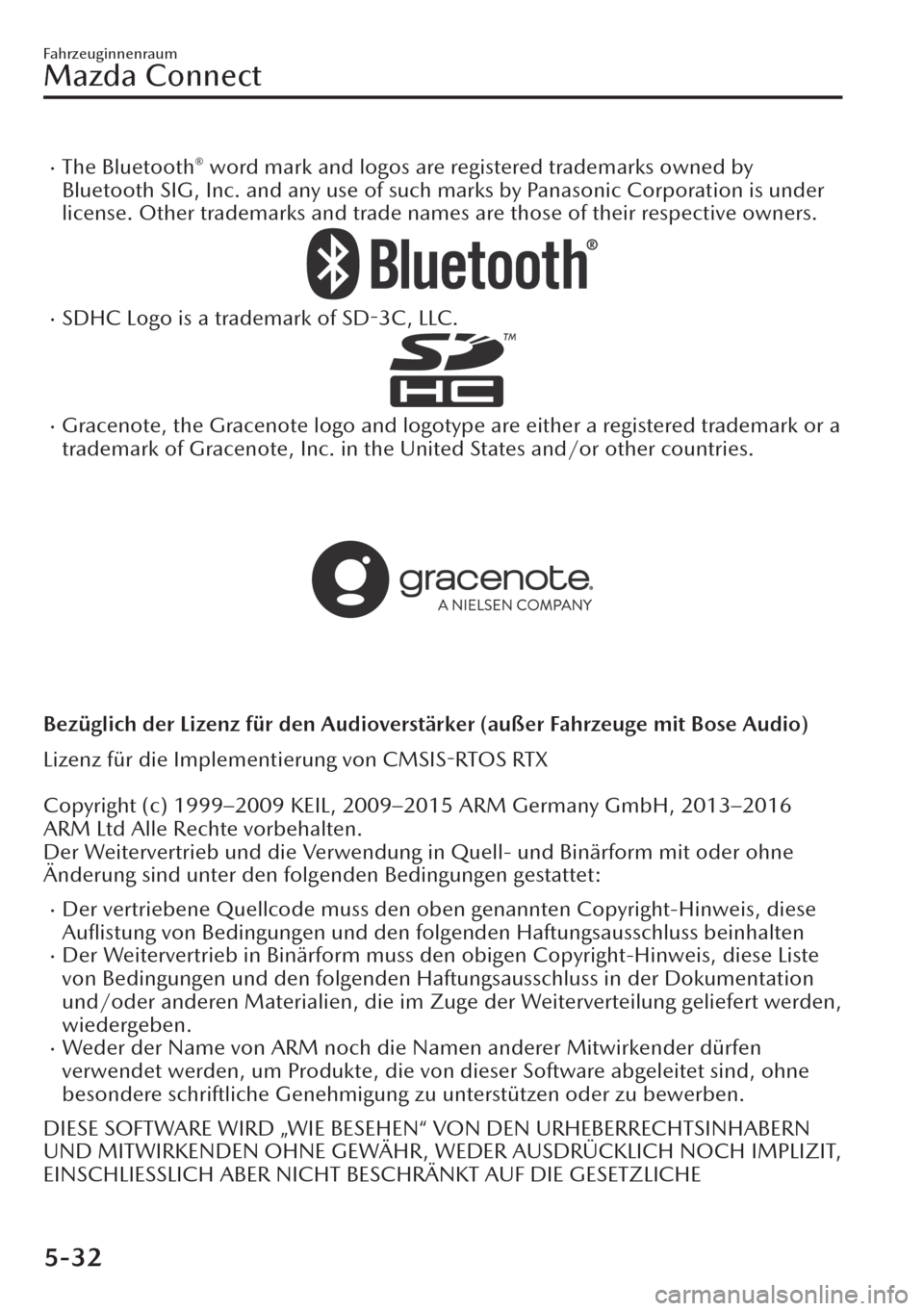 MAZDA MODEL CX-30 2019   Betriebsanleitung (in German)  �xThe Bluetooth® word mark and logos are registered trademarks owned by
Bluetooth SIG, Inc. and any use of such marks by Panasonic Corporation is under
license. Other trademarks and trade names are t