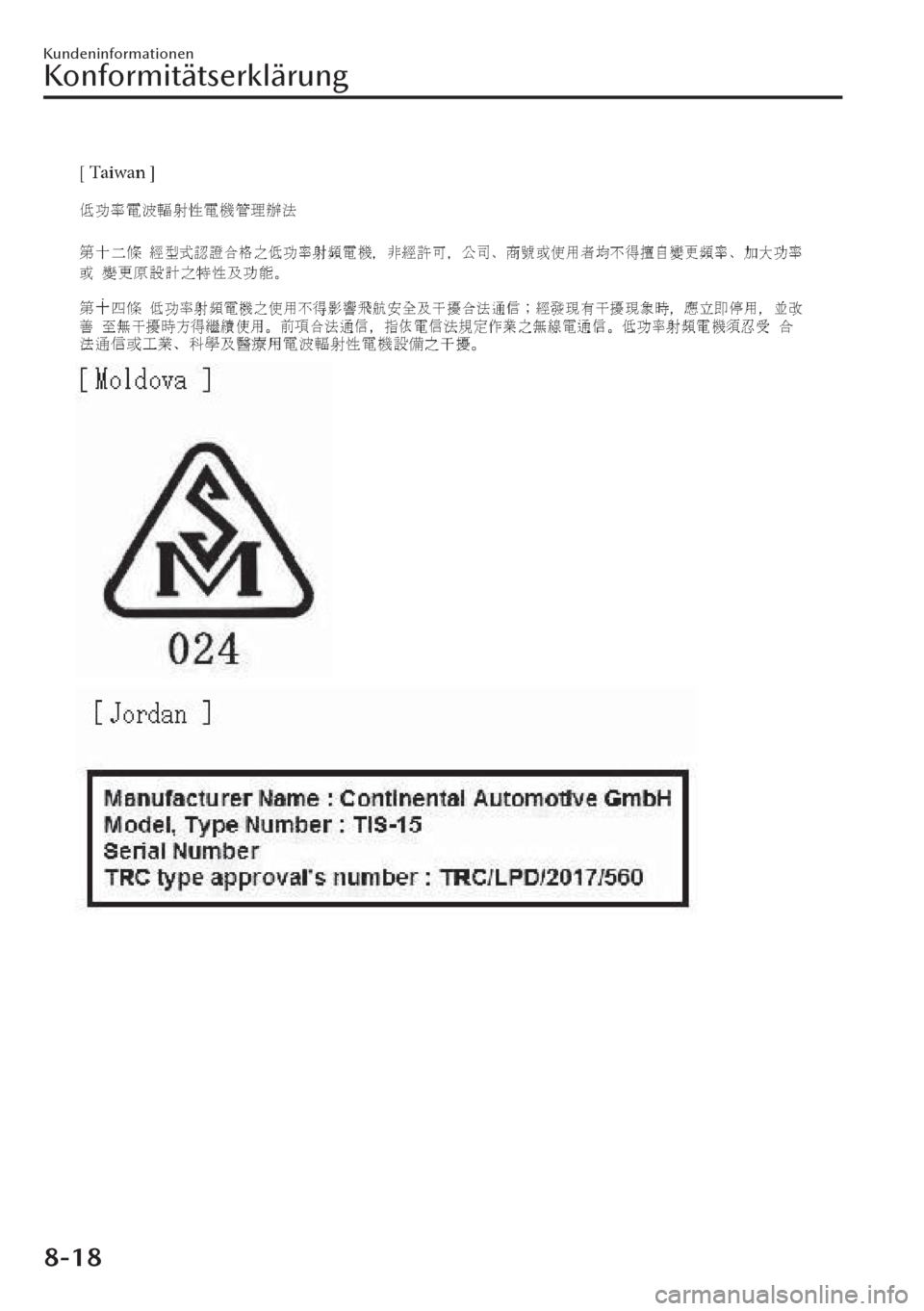 MAZDA MODEL CX-30 2019 Betriebsanleitung (in German) Kundeninformationen
Konformitätserklärung
8-18 MAZDA MODEL CX-30 2019 Betriebsanleitung (in German) Kundeninformationen
Konformitätserklärung
8-18