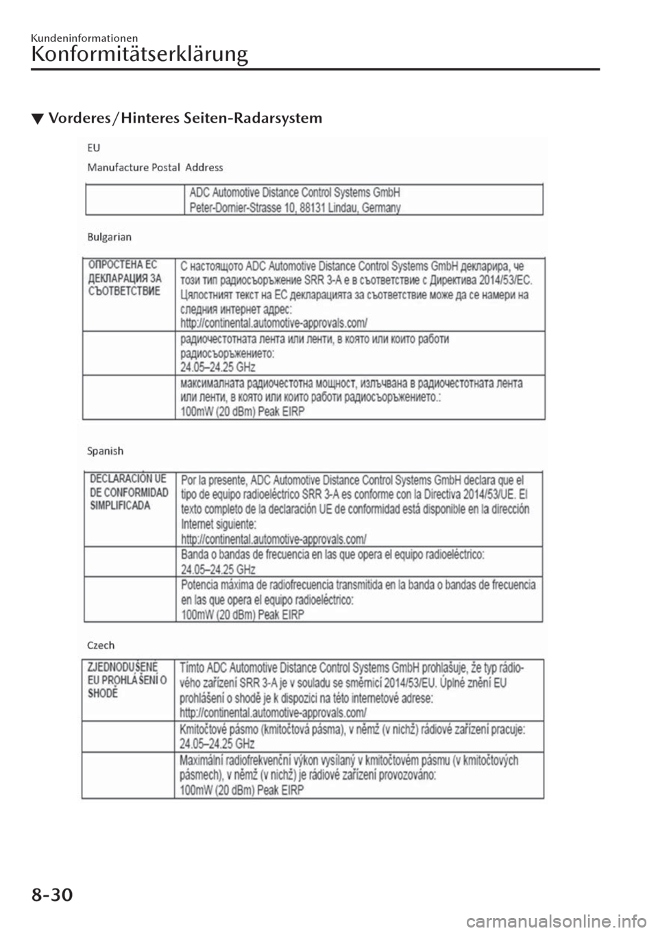 MAZDA MODEL CX-30 2019 Betriebsanleitung (in German) ▼Vorderes/Hinteres Seiten-Radarsystem
Kundeninformationen
Konformitätserklärung
8-30 MAZDA MODEL CX-30 2019 Betriebsanleitung (in German) ▼Vorderes/Hinteres Seiten-Radarsystem
Kundeninformationen
Konformitätserklärung
8-30