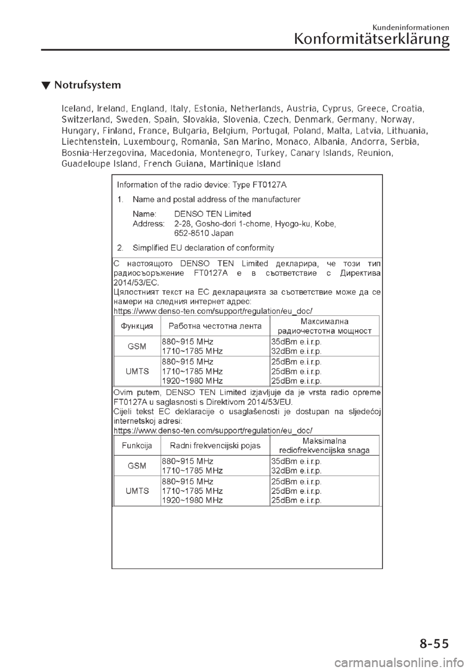 MAZDA MODEL CX-30 2019   Betriebsanleitung (in German)  ▼Notrufsystem
Kundeninformationen
Konformitätserklärung
8-55 