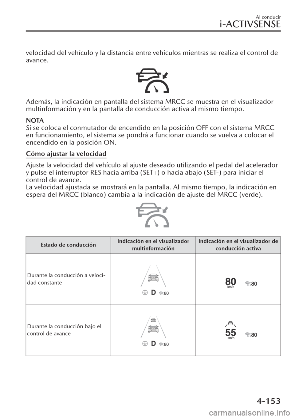 MAZDA MODEL CX-30 2019  Manual del propietario (in Spanish)  velocidad del vehículo y la distancia entre vehículos mientras se realiza el control de
avance.
Además, la indicación en pantalla del sistema MRCC se muestra en el visualizador
multinformación y 