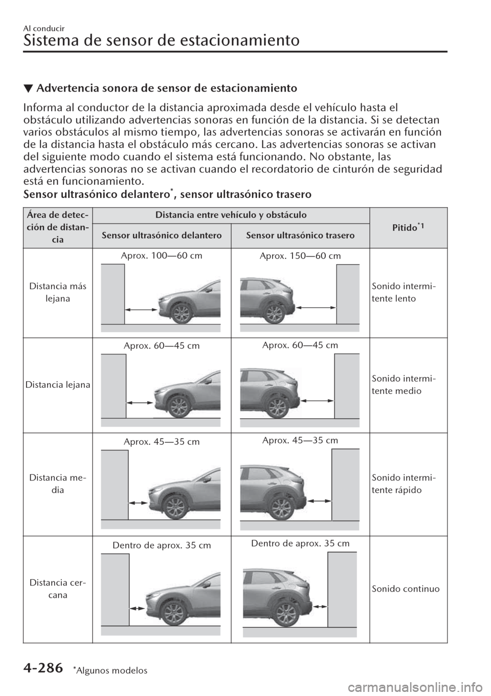 MAZDA MODEL CX-30 2019  Manual del propietario (in Spanish)  ▼Advertencia sonora de sensor de estacionamiento
Informa al conductor de la distancia aproximada desde el vehículo hasta el
obstáculo utilizando advertencias sonoras en función de la distancia. S