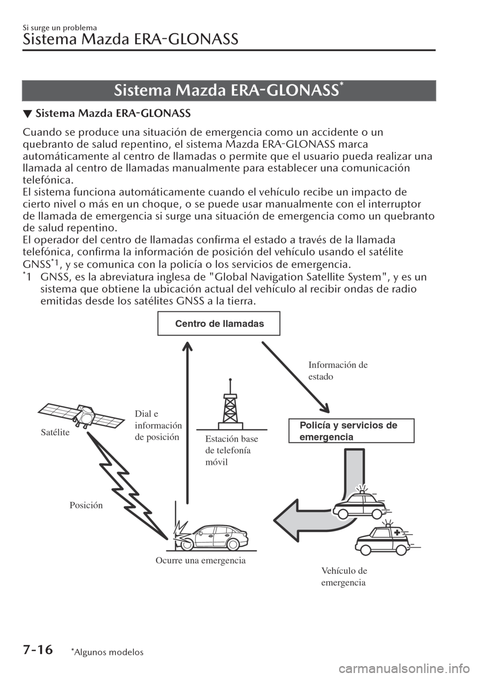 MAZDA MODEL CX-30 2019  Manual del propietario (in Spanish)  Sistema Mazda ERA-GLONASS*
▼Sistema Mazda 
ERA-GLONASS
Cuando se produce una situación de emergencia como un accidente o un
quebranto de salud repentino, el sistema Mazda 
ERA-GLONASS marca
automá