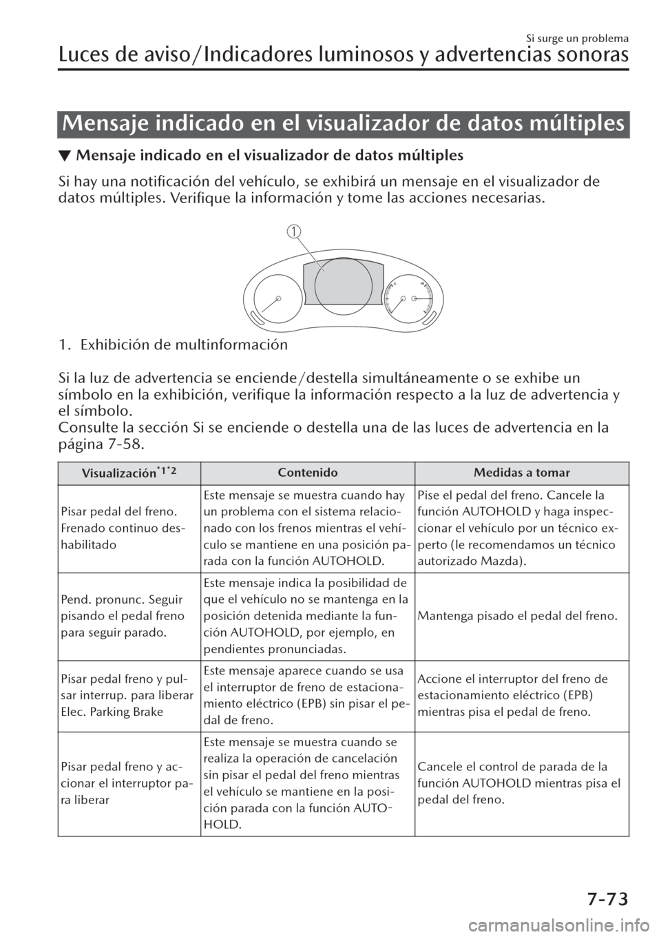MAZDA MODEL CX-30 2019  Manual del propietario (in Spanish)  Mensaje indicado en el visualizador de datos múltiples
▼Mensaje indicado en el visualizador de datos múltiples
Si hay una notiﬁcación del vehículo, se exhibirá un mensaje en el visualizador d
