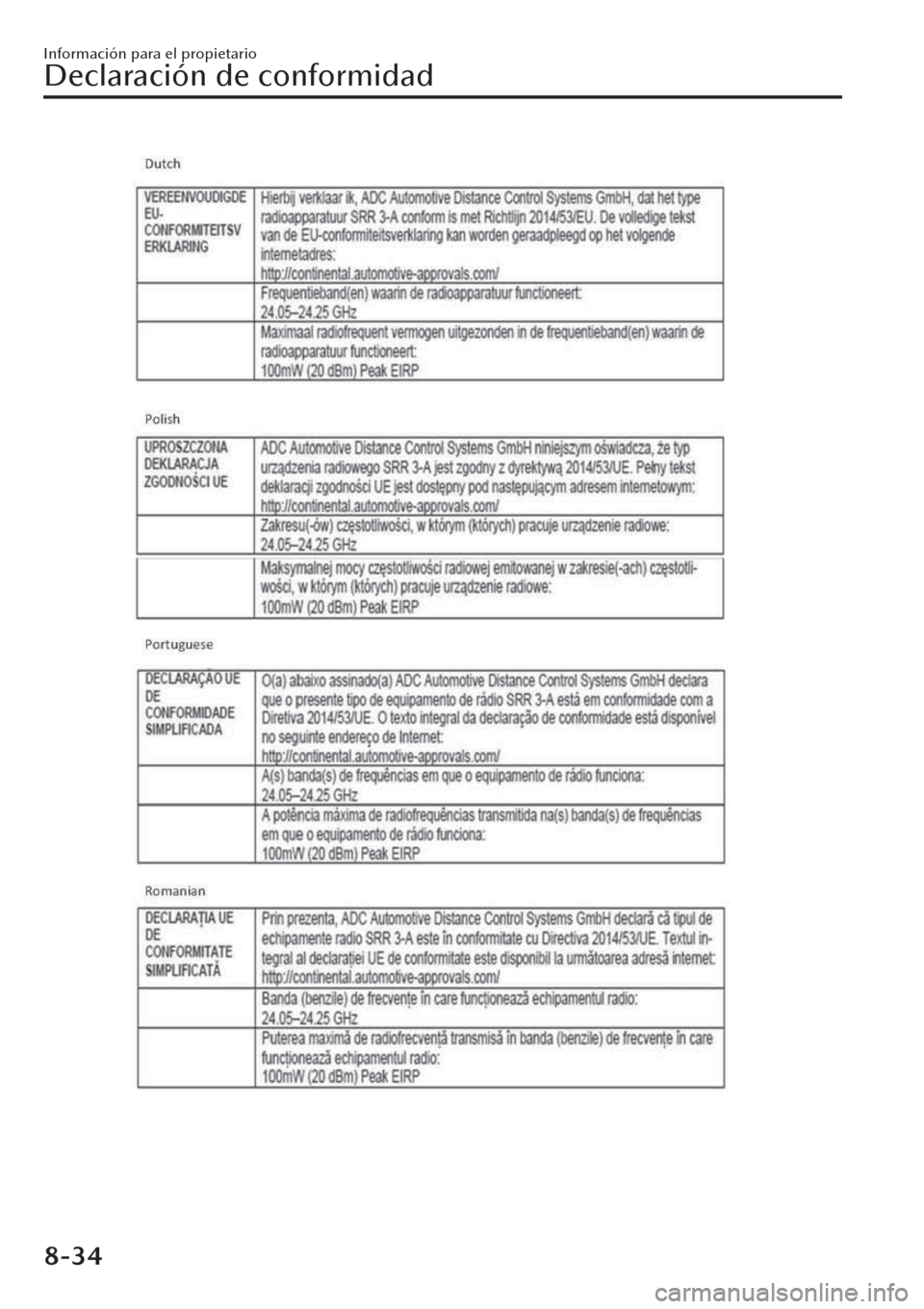 MAZDA MODEL CX-30 2019 Manual del propietario (in Spanish) Información para el propietario
Declaración de conformidad
8-34 MAZDA MODEL CX-30 2019 Manual del propietario (in Spanish) Información para el propietario
Declaración de conformidad
8-34