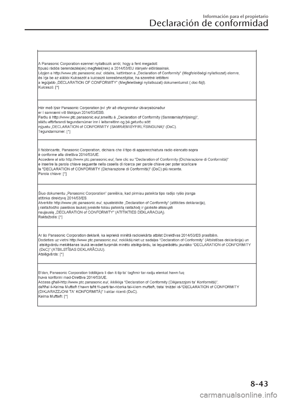 MAZDA MODEL CX-30 2019 Manual del propietario (in Spanish) Información para el propietario
Declaración de conformidad
8-43 MAZDA MODEL CX-30 2019 Manual del propietario (in Spanish) Información para el propietario
Declaración de conformidad
8-43