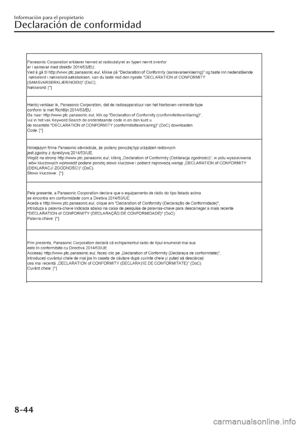 MAZDA MODEL CX-30 2019 Manual del propietario (in Spanish) Información para el propietario
Declaración de conformidad
8-44 MAZDA MODEL CX-30 2019 Manual del propietario (in Spanish) Información para el propietario
Declaración de conformidad
8-44