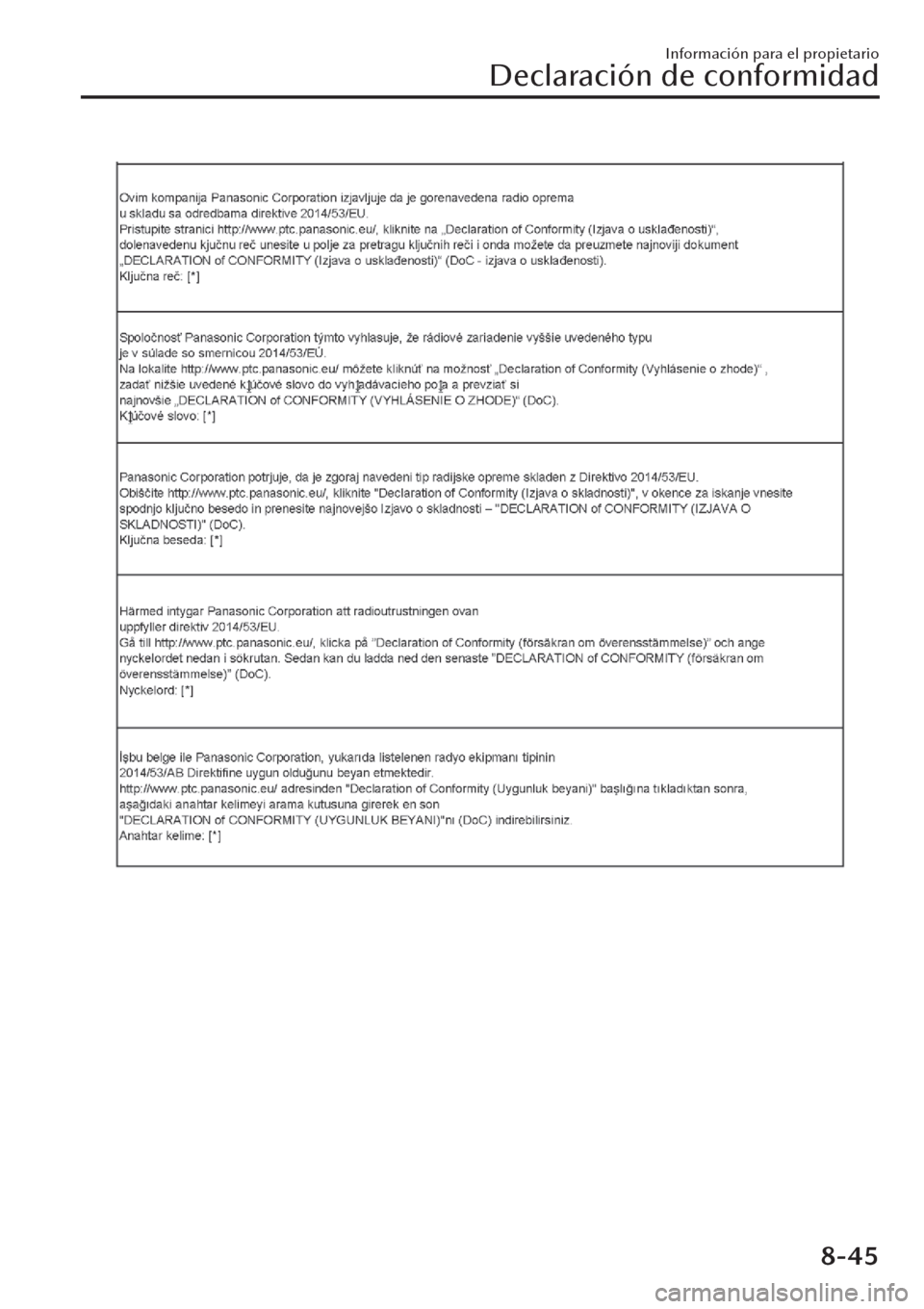MAZDA MODEL CX-30 2019 Manual del propietario (in Spanish) Información para el propietario
Declaración de conformidad
8-45 MAZDA MODEL CX-30 2019 Manual del propietario (in Spanish) Información para el propietario
Declaración de conformidad
8-45