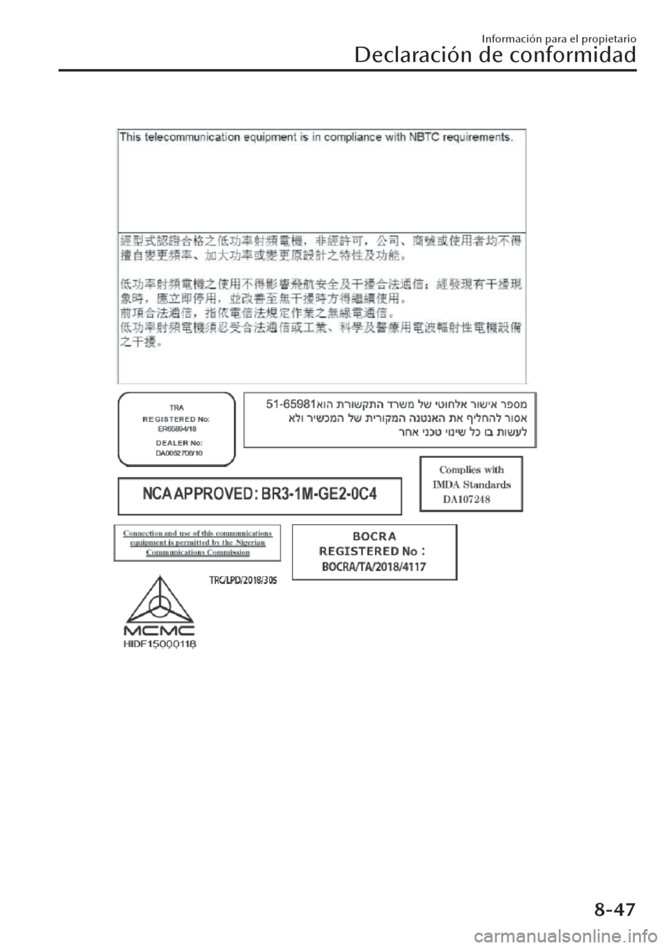 MAZDA MODEL CX-30 2019 Manual del propietario (in Spanish) Información para el propietario
Declaración de conformidad
8-47 MAZDA MODEL CX-30 2019 Manual del propietario (in Spanish) Información para el propietario
Declaración de conformidad
8-47