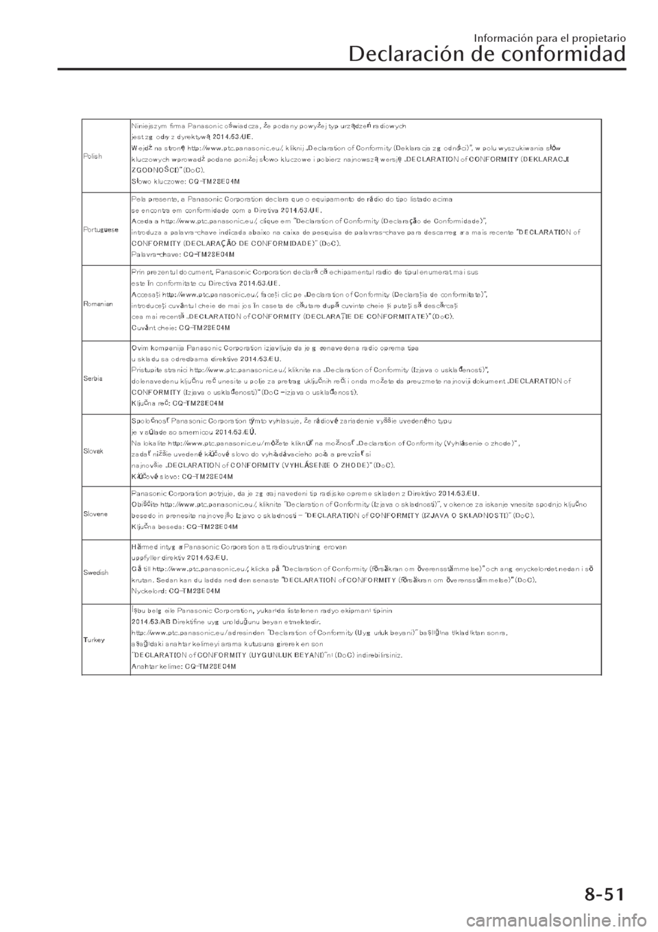 MAZDA MODEL CX-30 2019 Manual del propietario (in Spanish) Información para el propietario
Declaración de conformidad
8-51 MAZDA MODEL CX-30 2019 Manual del propietario (in Spanish) Información para el propietario
Declaración de conformidad
8-51