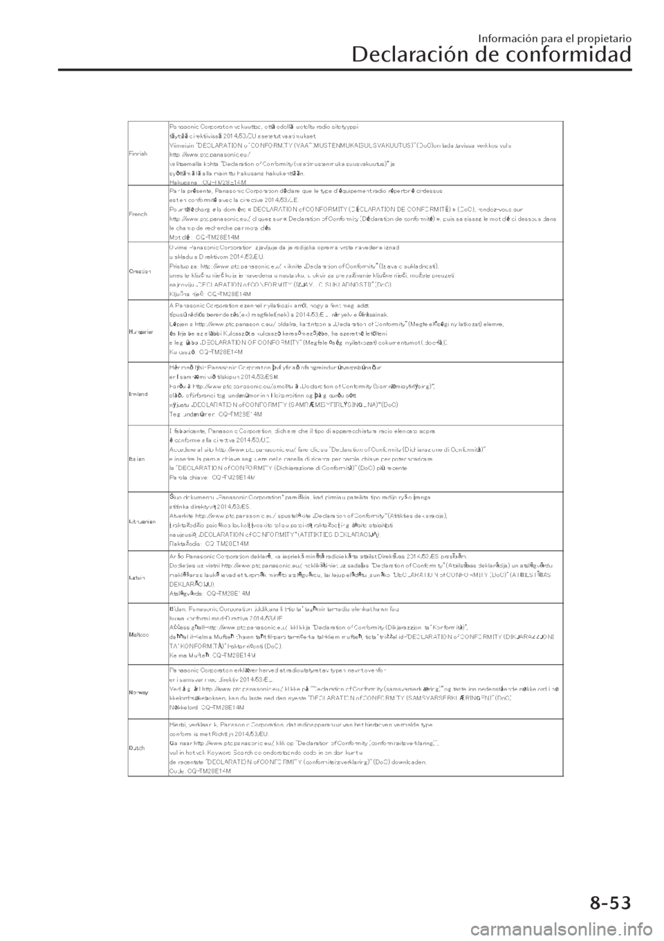 MAZDA MODEL CX-30 2019 Manual del propietario (in Spanish) Información para el propietario
Declaración de conformidad
8-53 MAZDA MODEL CX-30 2019 Manual del propietario (in Spanish) Información para el propietario
Declaración de conformidad
8-53