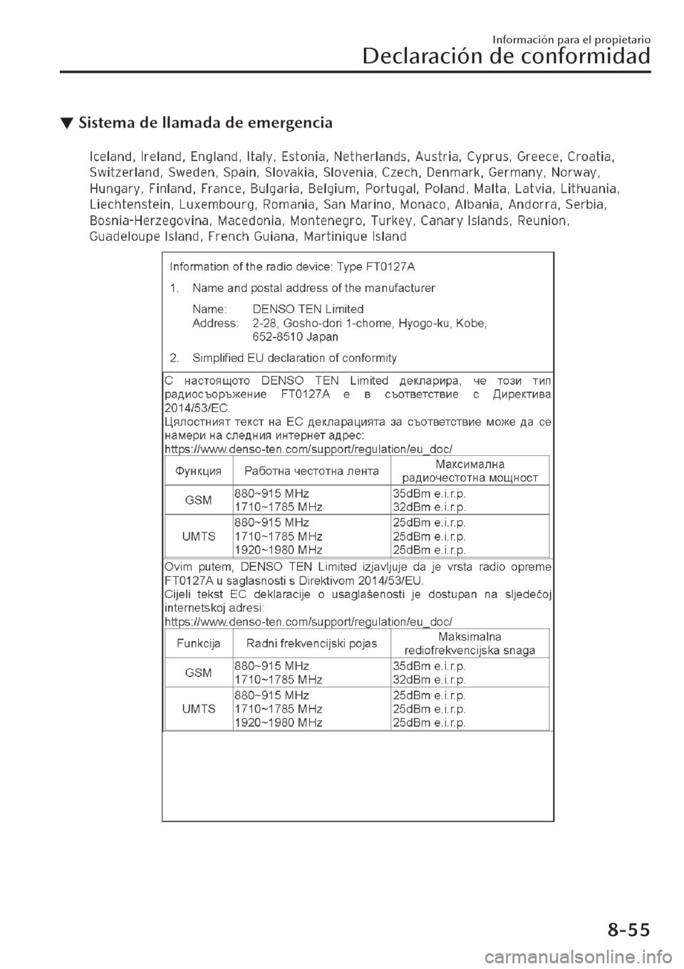 MAZDA MODEL CX-30 2019 Manual del propietario (in Spanish) ▼Sistema de llamada de emergencia
Información para el propietario
Declaración de conformidad
8-55 MAZDA MODEL CX-30 2019 Manual del propietario (in Spanish) ▼Sistema de llamada de emergencia
Información para el propietario
Declaración de conformidad
8-55