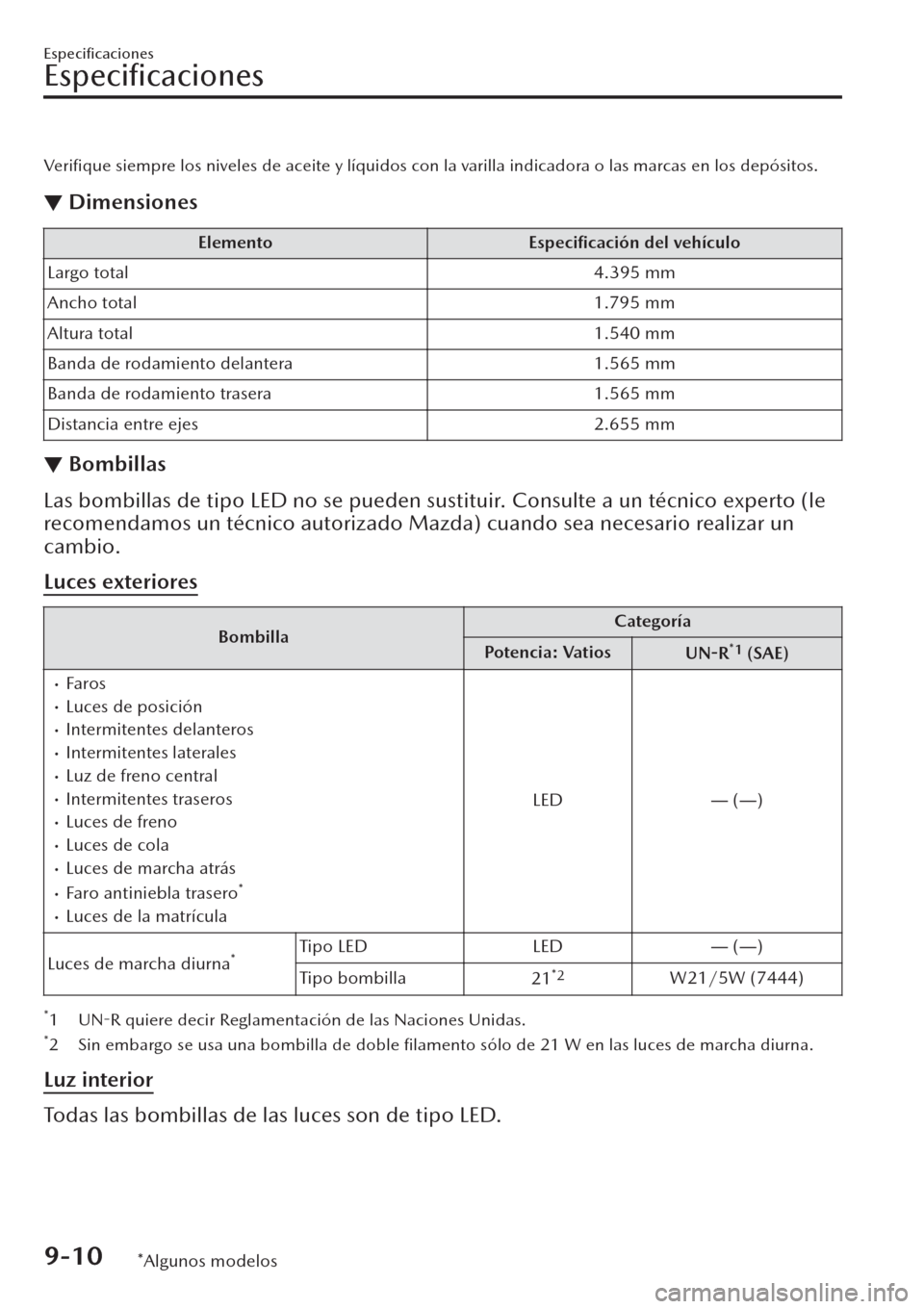 MAZDA MODEL CX-30 2019 Manual del propietario (in Spanish) Verifique siempre los niveles de aceite y líquidos con la varilla indicadora o las marcas en los depósitos.
▼Dimensiones
Elemento Especificación del vehículo
Largo total 4.395 mm
Ancho total 1 MAZDA MODEL CX-30 2019 Manual del propietario (in Spanish) Verifique siempre los niveles de aceite y líquidos con la varilla indicadora o las marcas en los depósitos.
▼Dimensiones
Elemento Especificación del vehículo
Largo total 4.395 mm
Ancho total 1