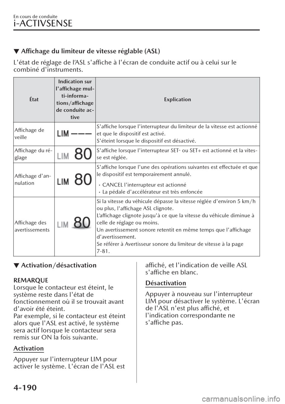 MAZDA MODEL CX-30 2019  Manuel du propriétaire (in French) ▼Affichage du limiteur de vitesse réglable (ASL)
Létat de réglage de l’ASL saffiche à lécran de conduite actif ou à celui sur le
combiné dinstruments.
ÉtatIndication sur
laffichage mu