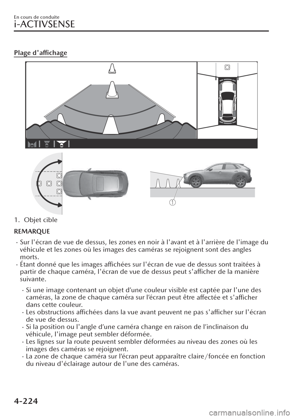 MAZDA MODEL CX-30 2019  Manuel du propriétaire (in French) Plage daffichage
1. Objet cible
REMARQUE
�xSur lécran de vue de dessus, les zones en noir à lavant et à larrière de limage du
véhicule et les zones où les images des caméras se rejoignent 