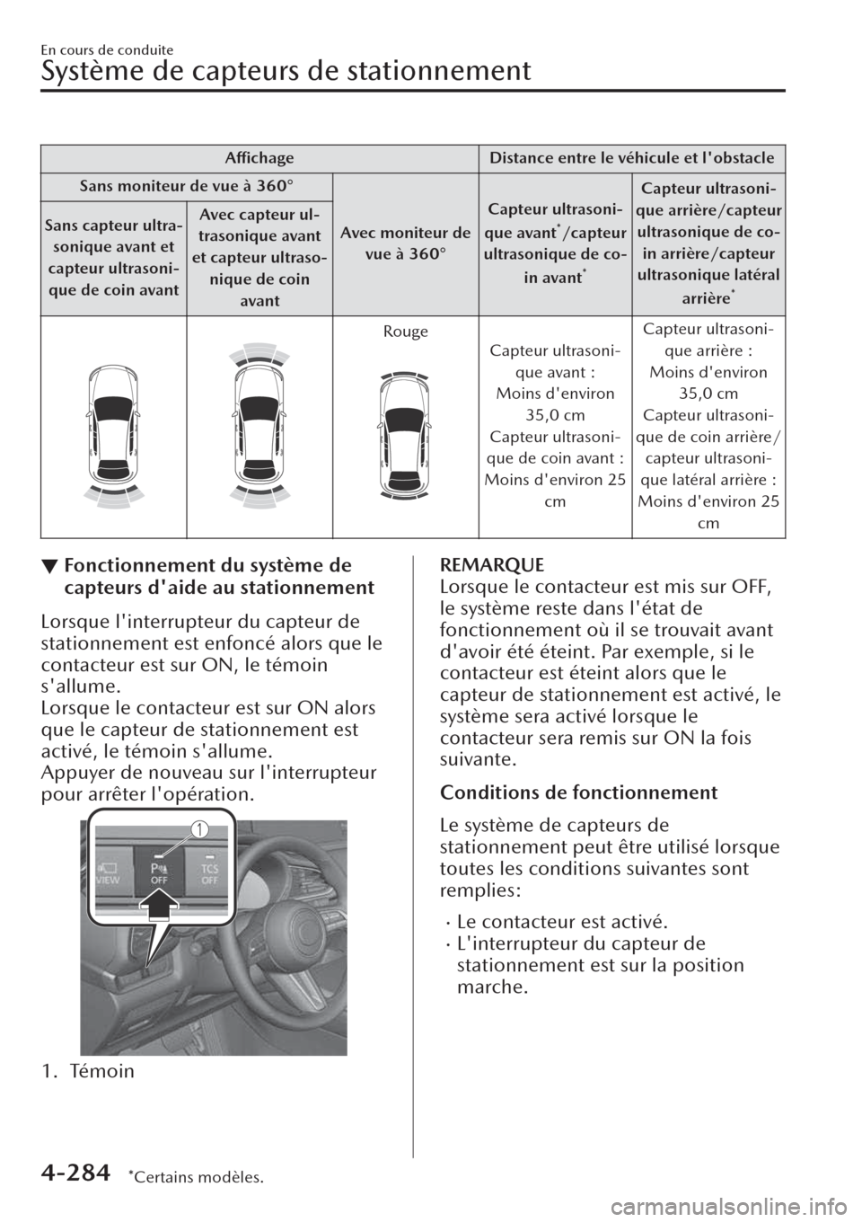 MAZDA MODEL CX-30 2019  Manuel du propriétaire (in French) Affichage Distance entre le véhicule et lobstacle
Sans moniteur de vue à 360°
Avec moniteur de
vue à 360°Capteur ultrasoni-
que avant
*/capteur
ultrasonique de co-
in avant
*
Capteur ultrasoni-
