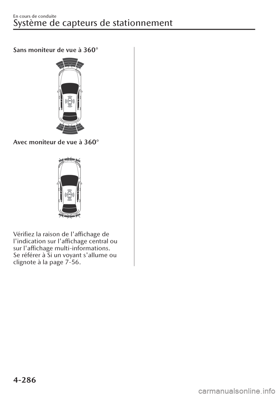 MAZDA MODEL CX-30 2019  Manuel du propriétaire (in French) Sans moniteur de vue à 360°
Avec moniteur de vue à 360°
Vériﬁez la raison de laffichage de
lindication sur laffichage central ou
sur 
laffichage multi-informations.
Se référer à Si un vo