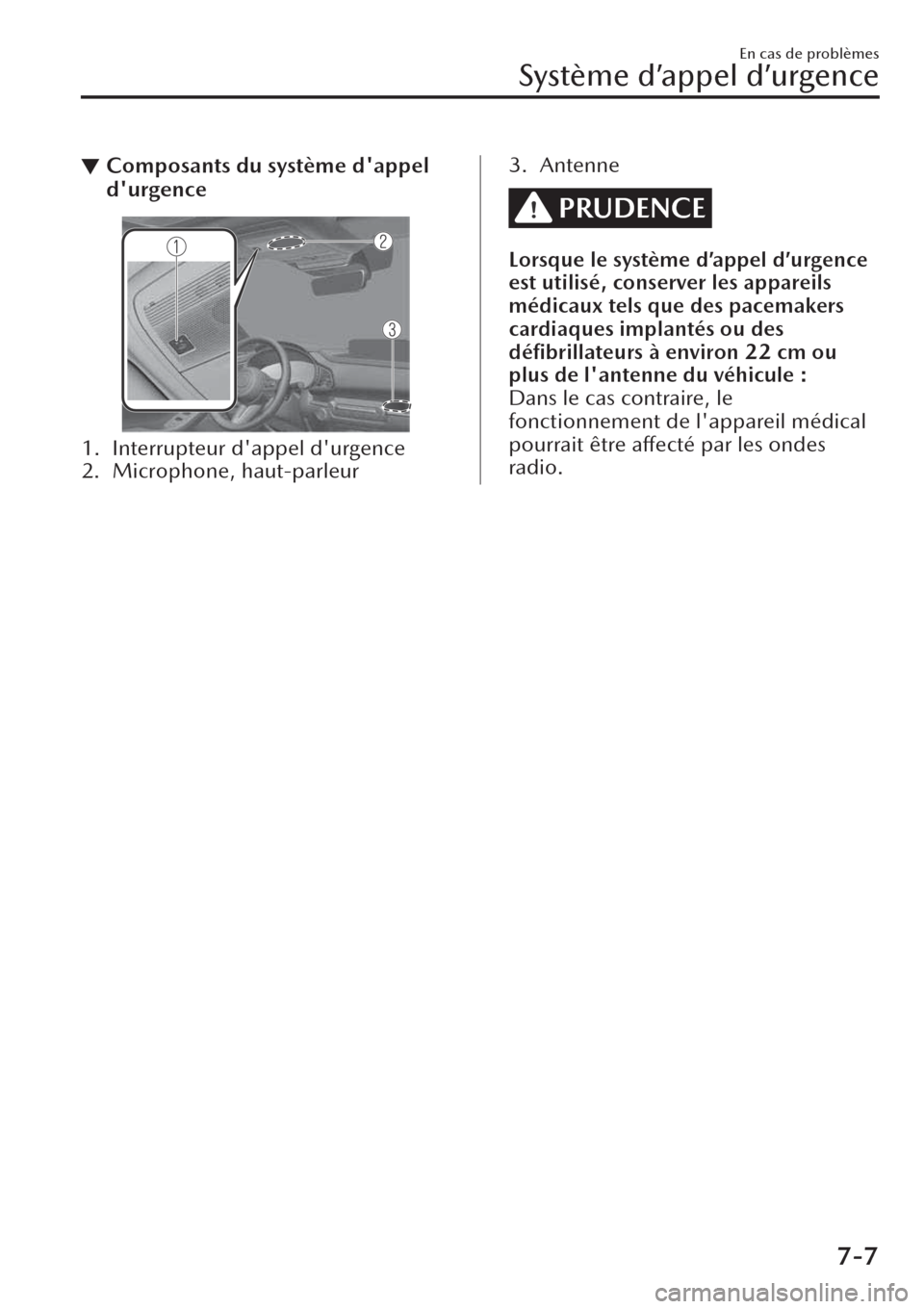 MAZDA MODEL CX-30 2019  Manuel du propriétaire (in French) ▼Composants du système dappel
durgence
1. Interrupteur dappel durgence
2. Microphone, haut-parleur
3. Antenne
PRUDENCE
Lorsque le système d’appel d’urgence
est utilisé, conserver les appa