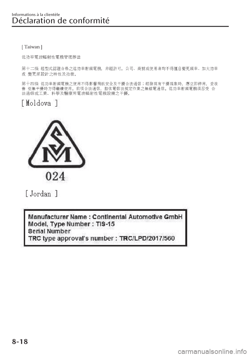 MAZDA MODEL CX-30 2019 Manuel du propriétaire (in French) Informations à la clientèle
Déclaration de conformité
8-18 MAZDA MODEL CX-30 2019 Manuel du propriétaire (in French) Informations à la clientèle
Déclaration de conformité
8-18