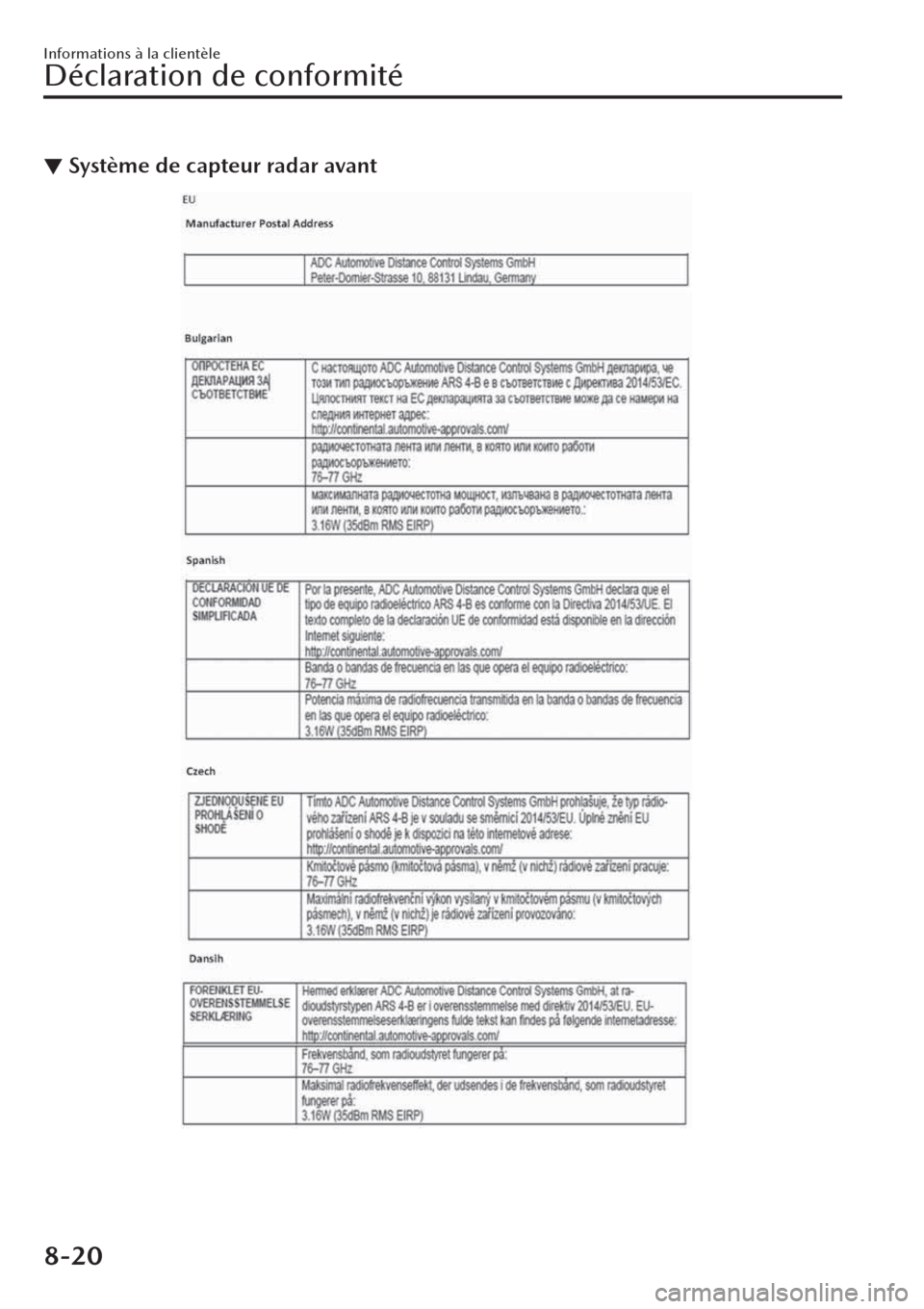 MAZDA MODEL CX-30 2019 Manuel du propriétaire (in French) ▼Système de capteur radar avant
Informations à la clientèle
Déclaration de conformité
8-20 MAZDA MODEL CX-30 2019 Manuel du propriétaire (in French) ▼Système de capteur radar avant
Informations à la clientèle
Déclaration de conformité
8-20