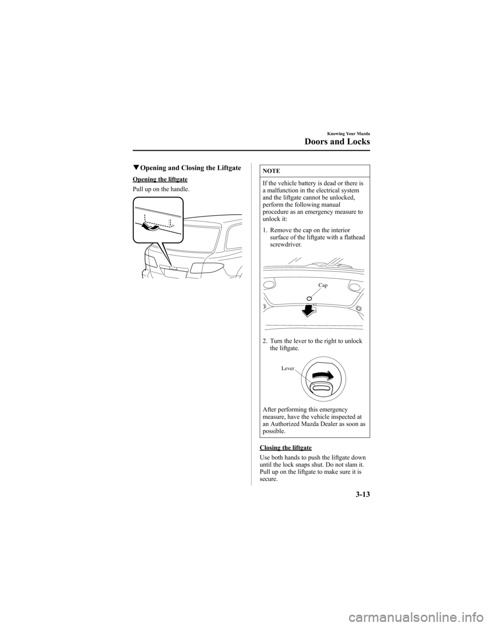MAZDA MODEL 6 HATCHBACK 2005 Owners Manual (in English) qOpening and Closing the Liftgate
Opening the liftgate
Pull up on the handle.
NOTE
If the vehicle battery is dead or there is
a malfunction in the electrical system
and the liftgate cannot be unlocked MAZDA MODEL 6 HATCHBACK 2005 Owners Manual (in English) qOpening and Closing the Liftgate
Opening the liftgate
Pull up on the handle.
NOTE
If the vehicle battery is dead or there is
a malfunction in the electrical system
and the liftgate cannot be unlocked