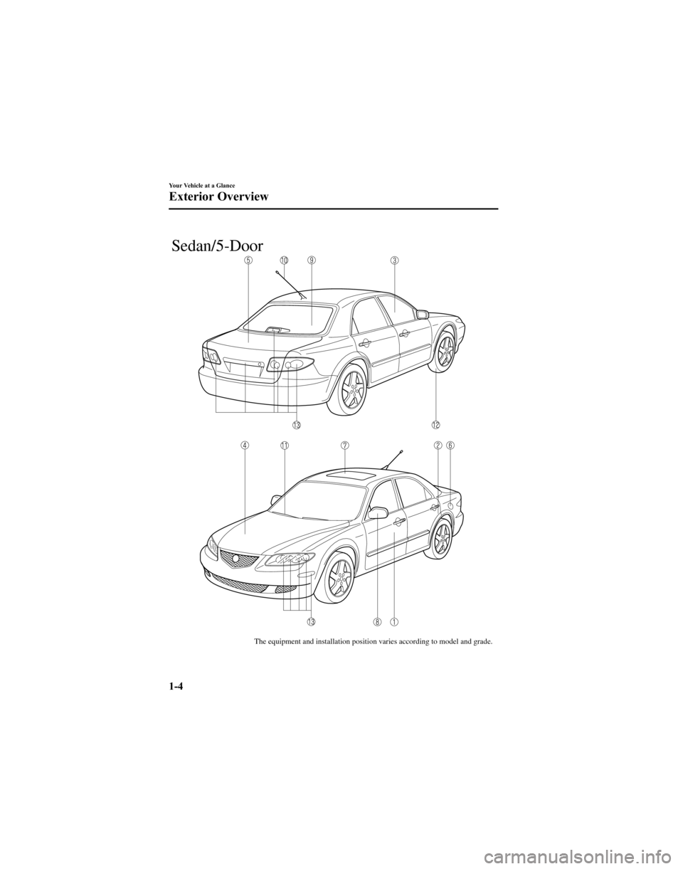 MAZDA MODEL 6 HATCHBACK 2005  Owners Manual (in English) The equipment and installation position varies according to model and grade.
Sedan/5-Door
1-4
Your Vehicle at a Glance
Exterior Overview 