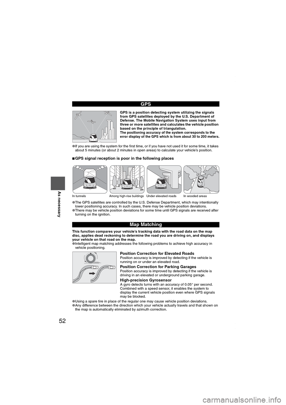 MAZDA MODEL 6 SPORTS SEDAN 2006 (in English) Workshop Manual 52
Before
UseGetting
startedRoutingAddress
Book
Vo i c e Recognition
As necessary
GPS is a position detecting system utilizing the signals
from GPS satellites deployed by the U.S. Department of
MAZDA MODEL 6 SPORTS SEDAN 2006 (in English) Workshop Manual 52
Before
UseGetting
startedRoutingAddress
Book
Vo i c e Recognition
As necessary
GPS is a position detecting system utilizing the signals
from GPS satellites deployed by the U.S. Department of