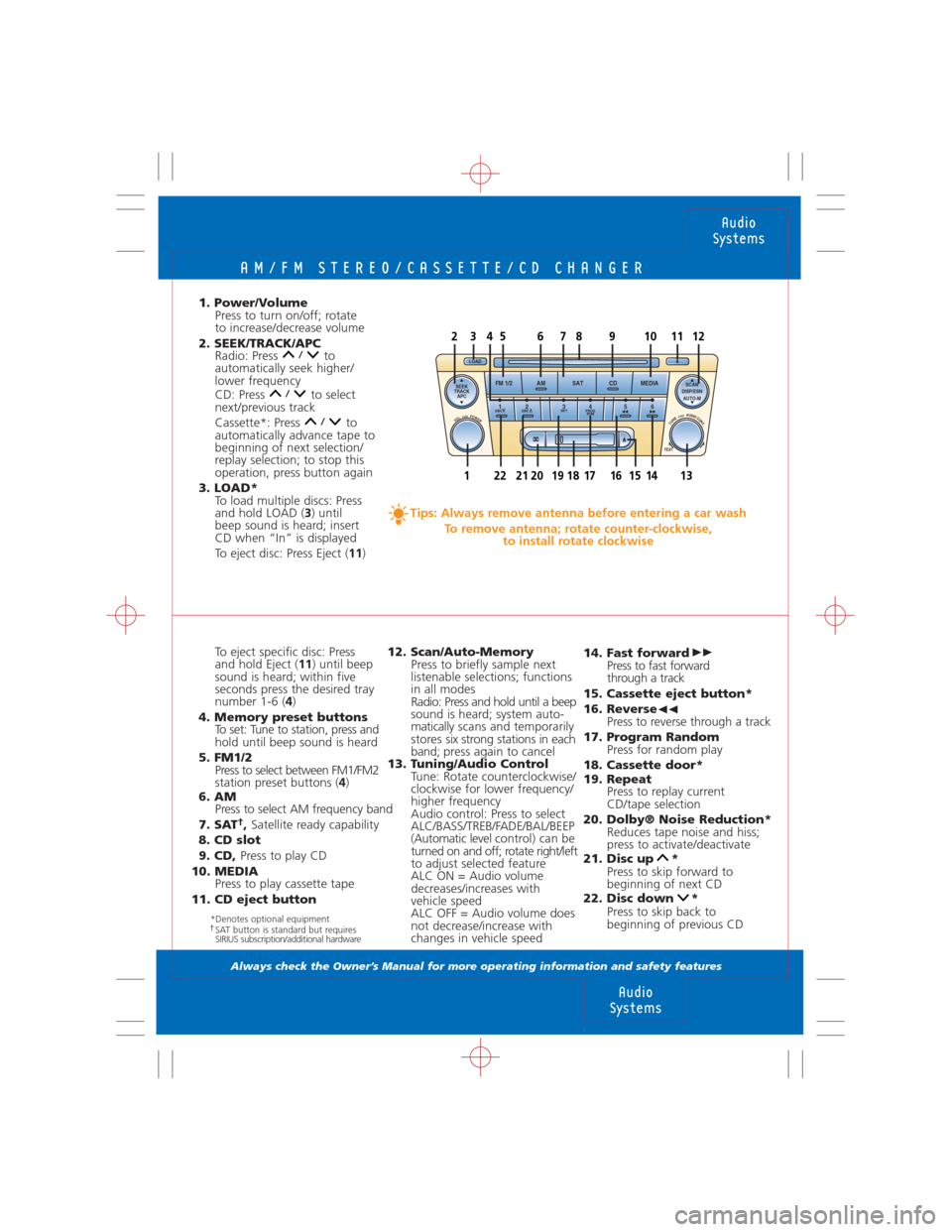 MAZDA MODEL 6 SPORTS SEDAN 2006  Quicktips (in English) AM/FM STEREO/CASSETTE/CD CHANGER
Always check the Owner’s Manual for more operating information and safety features 
Audio
Systems
Audio
Systems
To eject specific disc: Press 
and hold Eject (11) un