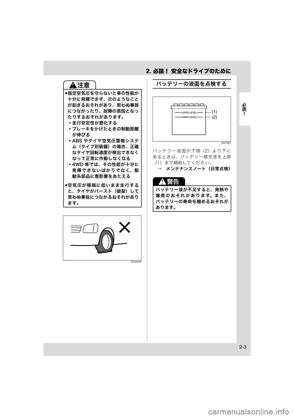 MAZDA MODEL AZ-WAGON 2012  ワゴン｜取扱説明書 (in Japanese) 2. 必読！ 安全なドライブのために
	Rc
2-3
72J20040
バッテリ－の液面を点検する
80J1267
バッテリー液面が下限（2）より下に
あるときは、バッテリー