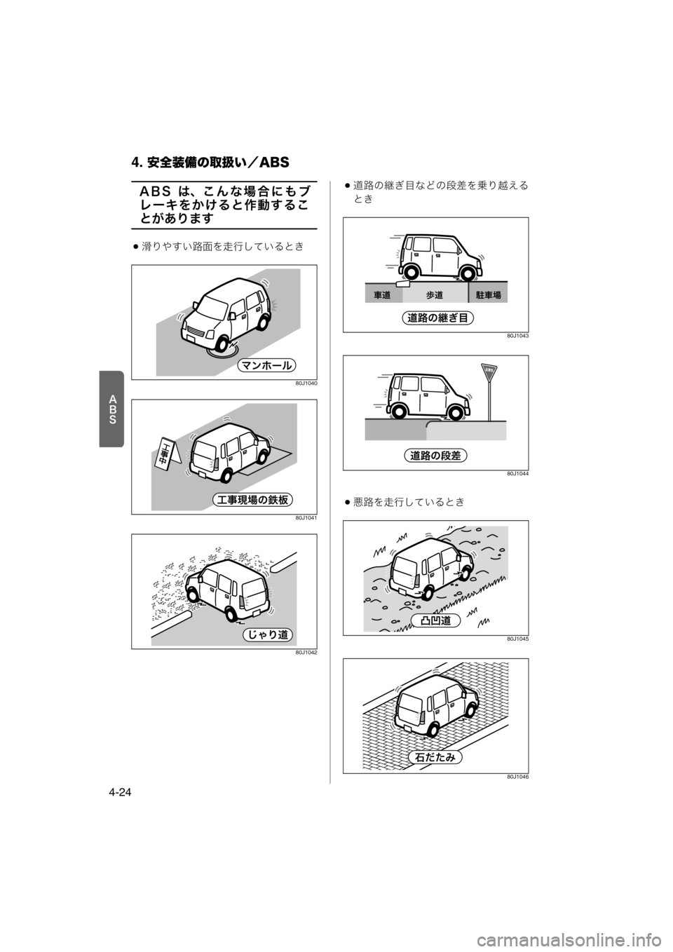 MAZDA MODEL AZ-WAGON 2012  ワゴン｜取扱説明書 (in Japanese) 4. 安全装備の取扱い／ABS
4-24
>?P
ABS は、こんな場合にもブ
レーキをかけると作動するこ
とがあります
滑りやすい路面を走行しているとき
80J1040
