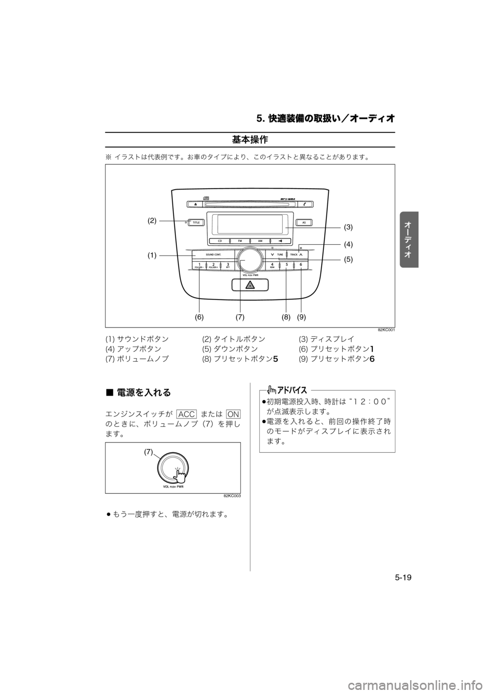 MAZDA MODEL AZ-WAGON 2012  ワゴン｜取扱説明書 (in Japanese) 5. 快適装備の取扱い／オーディオ
5-19
tÐ‘Åt
基本操作
※ イラストは代表例です。お車のタイプにより、このイラストと異なることがあります。