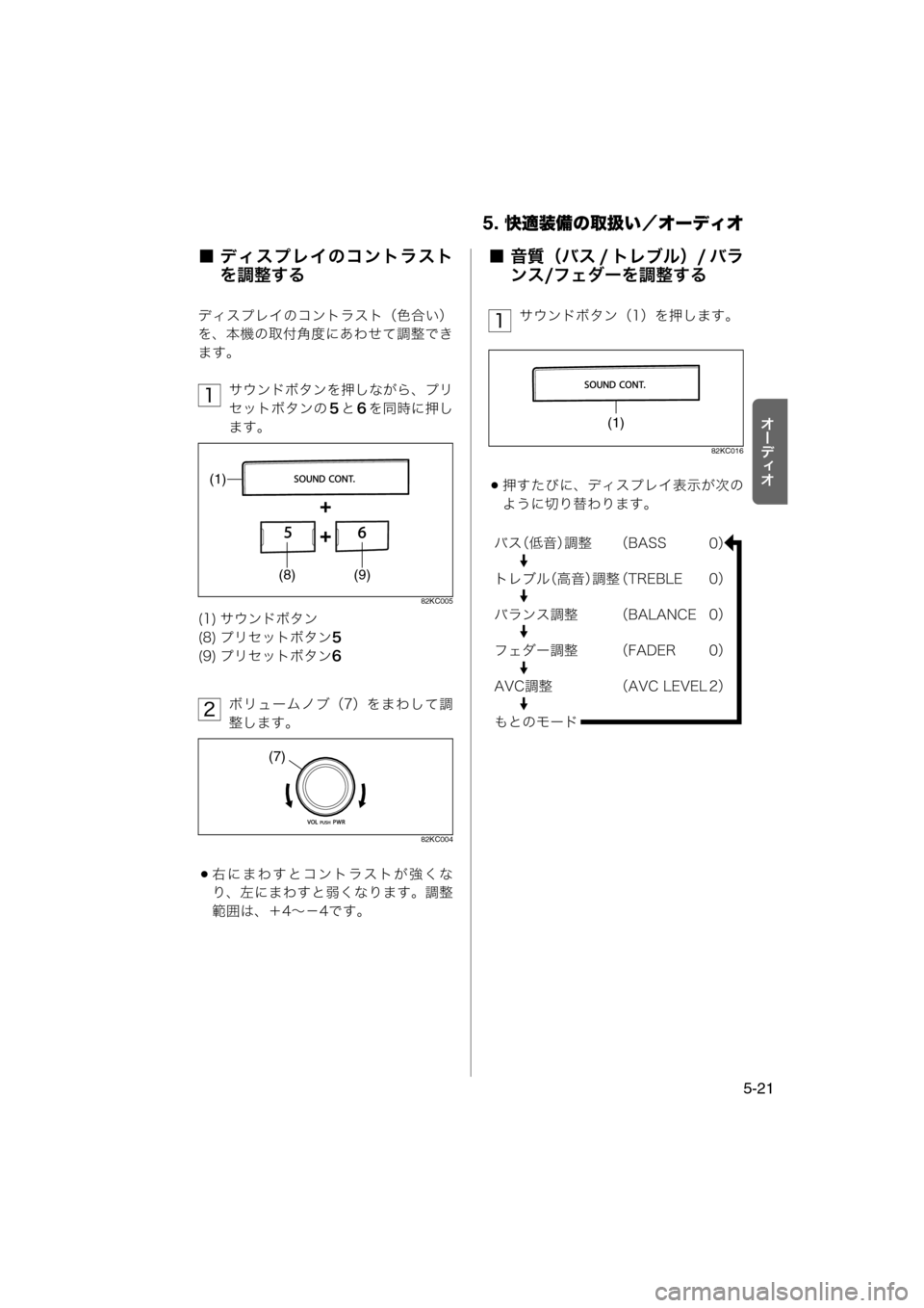 MAZDA MODEL AZ-WAGON 2012  ワゴン｜取扱説明書 (in Japanese) 5. 快適装備の取扱い／オーディオ
5-21
tÐ‘Åt
■ ディスプレイのコントラスト
を調整する
ディスプレイのコントラスト（色合い）
を、本機の取