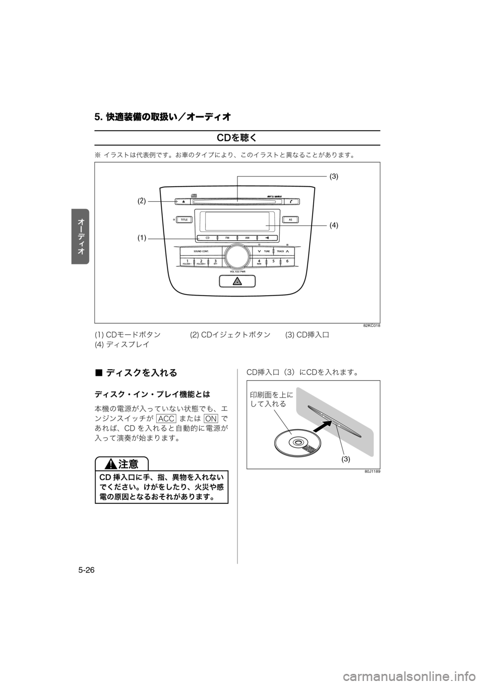 MAZDA MODEL AZ-WAGON 2012  ワゴン｜取扱説明書 (in Japanese) 5. 快適装備の取扱い／オーディオ
5-26
tÐ‘Åt
CDを聴く
※ イラストは代表例です。お車のタイプにより、このイラストと異なることがあります。
