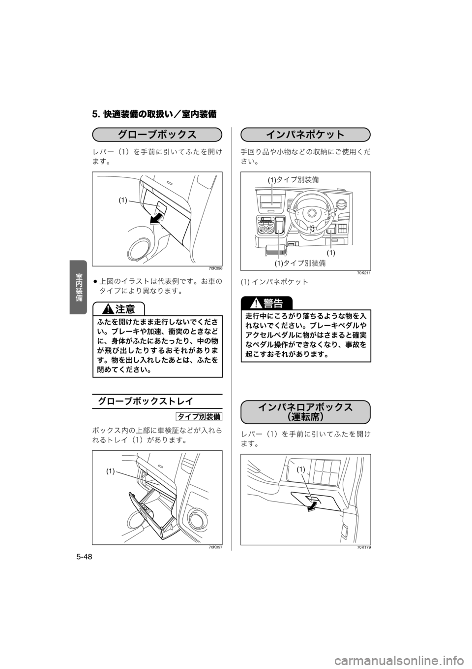 MAZDA MODEL AZ-WAGON 2012  ワゴン｜取扱説明書 (in Japanese) 5. 快適装備の取扱い／室内装備
5-48
·N½ö
レバー（1）を手前に引いてふたを開け
ます。
70K096
上図のイラストは代表例です。お車の
タイプによ