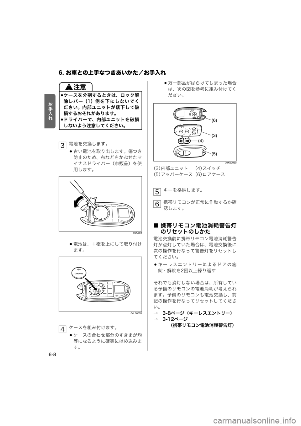 MAZDA MODEL AZ-WAGON 2012  ワゴン｜取扱説明書 (in Japanese) 6. お車との上手なつきあいかた／お手入れ
6-8

Y>_
電池を交換します。
古い電池を取り出します。傷つき
防止のため、布などをかぶせたマ
イナ