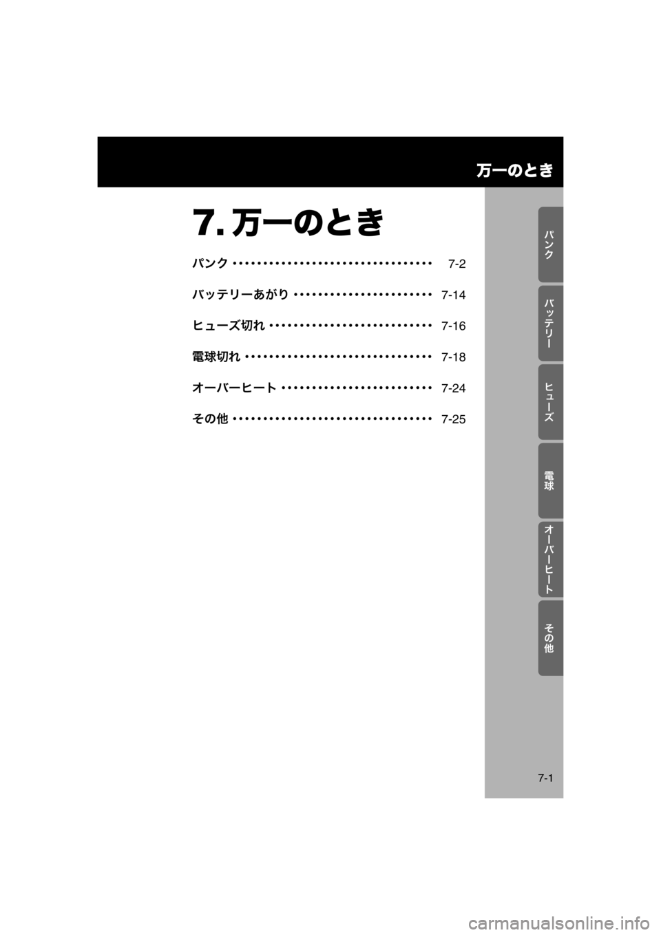 MAZDA MODEL AZ-WAGON 2012  ワゴン｜取扱説明書 (in Japanese) ›
½y
œËÐ„
Ö9
tÐšÐœÐ’
0AE šÉ

万一のとき
7-1
7. 万一のとき
パンク ･･･････････････････････････