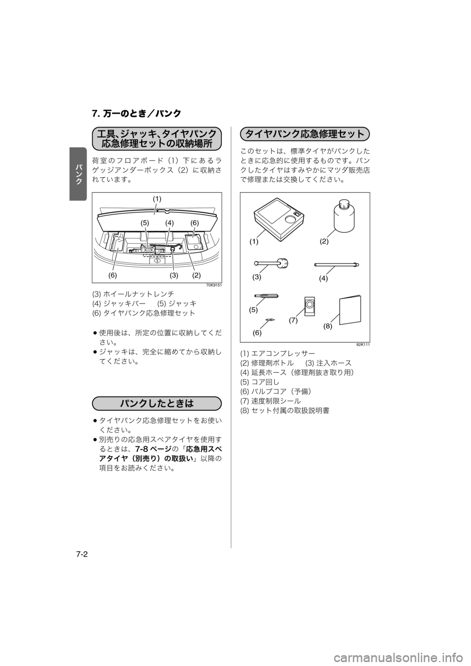 MAZDA MODEL AZ-WAGON 2012  ワゴン｜取扱説明書 (in Japanese) 7. 万一のとき／パンク
7-2
›
½y荷室のフロアボード（1）下にあるラ
ゲッジアンダーボックス（2）に収納さ
れています。
70K9151
使用後は、所定