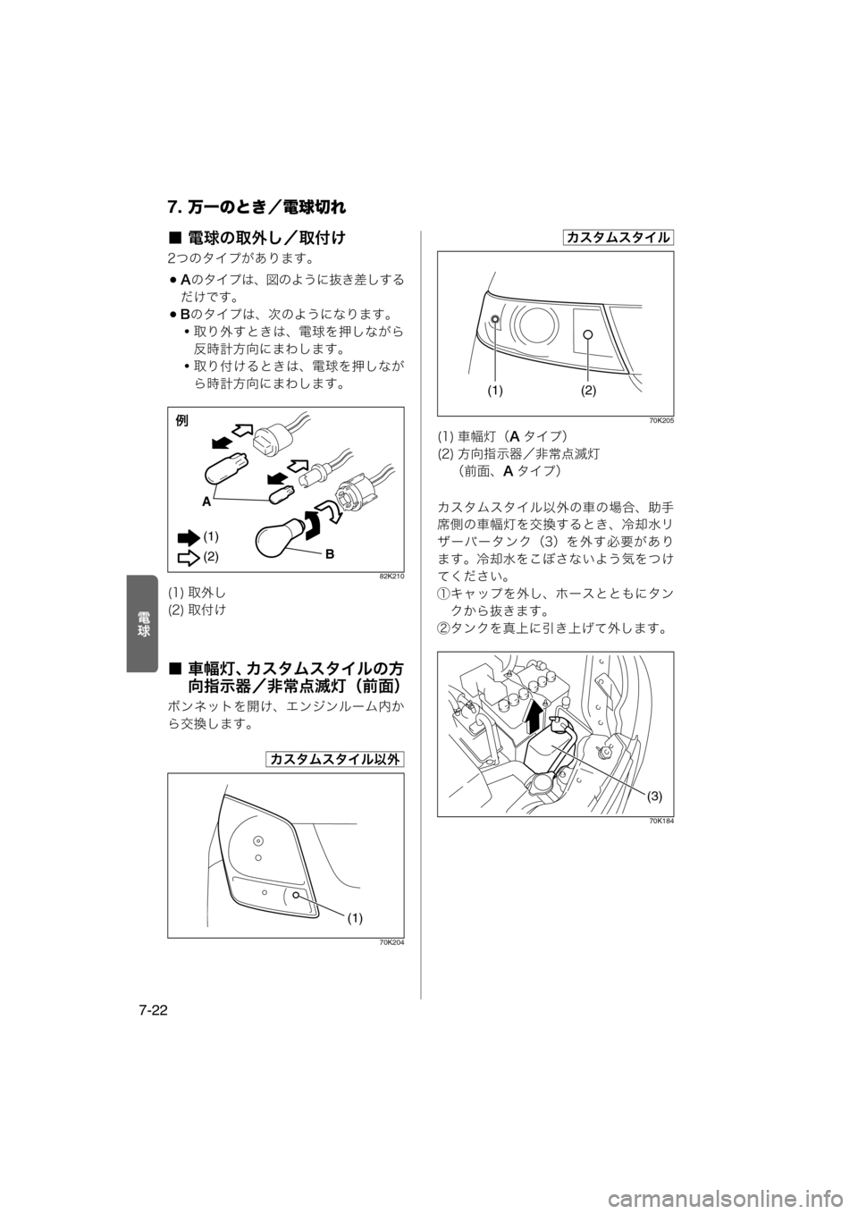 MAZDA MODEL AZ-WAGON 2012  ワゴン｜取扱説明書 (in Japanese) 7. 万一のとき／電球切れ
7-22
Ö9
■ 電球の取外し／取付け
2つのタイプがあります。
Aのタイプは、図のように抜き差しする
だけです。
B のタ