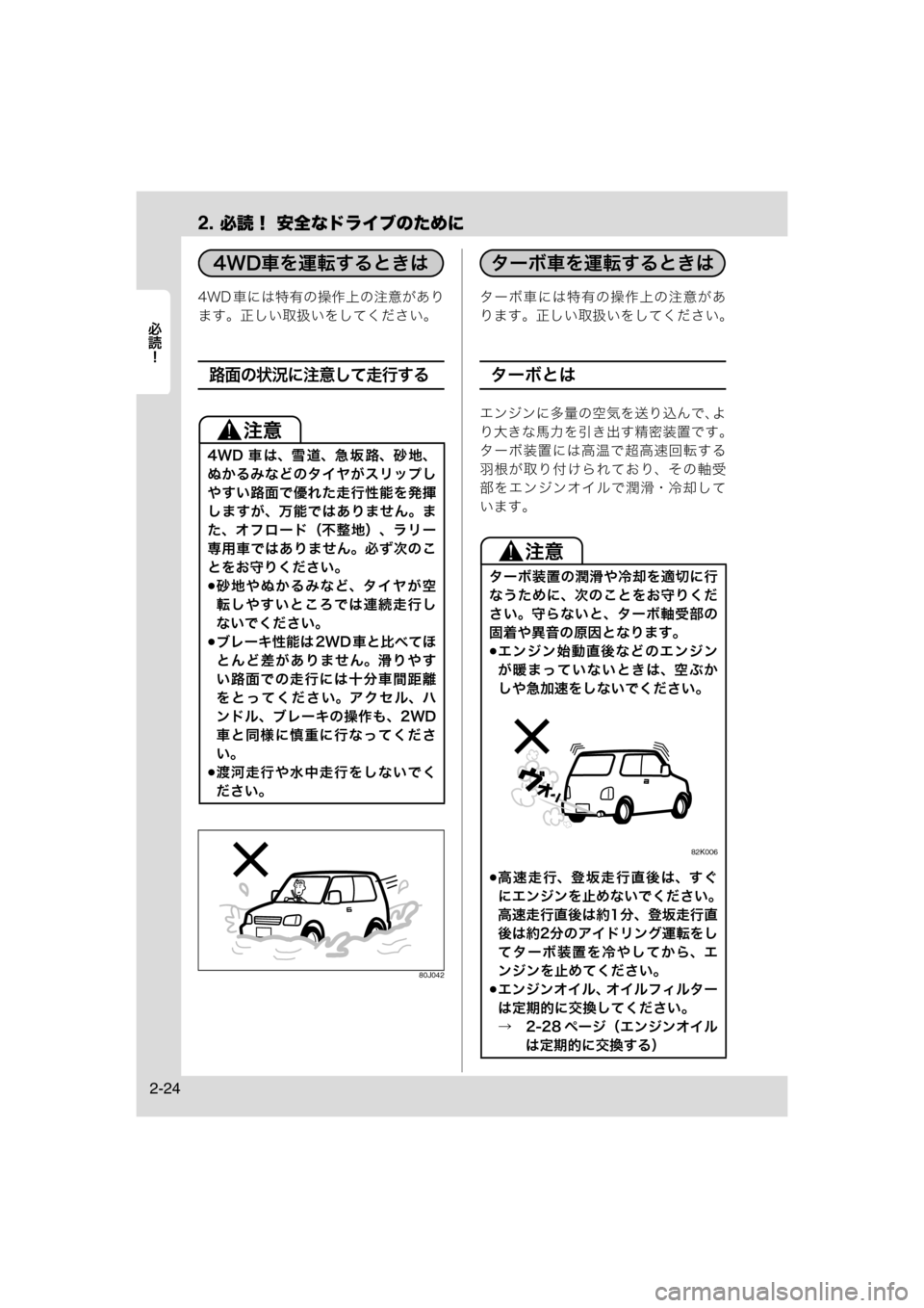 MAZDA MODEL AZ-WAGON 2012  ワゴン｜取扱説明書 (in Japanese) 2. 必読！ 安全なドライブのために
	Rc
2-24
4WD 車には特有の操作上の注意があり
ます。正しい取扱いをしてください。
路面の状況に注意して走行す