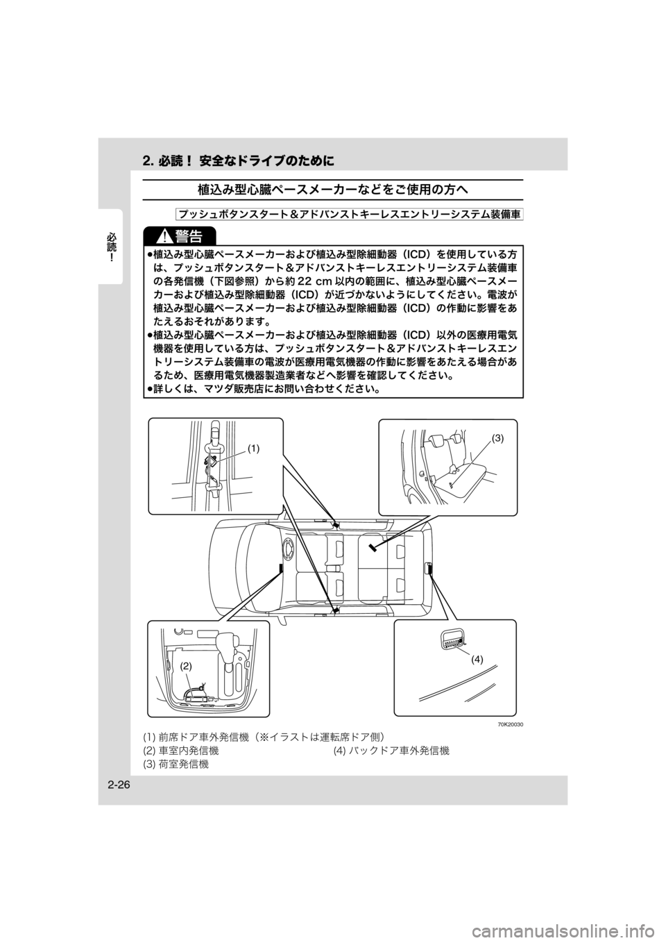 MAZDA MODEL AZ-WAGON 2012  ワゴン｜取扱説明書 (in Japanese) 2. 必読！ 安全なドライブのために
	Rc
2-26
植込み型心臓ペースメーカーなどをご使用の方へ
70K20030
植込み型心臓ペースメーカーおよび植込み型